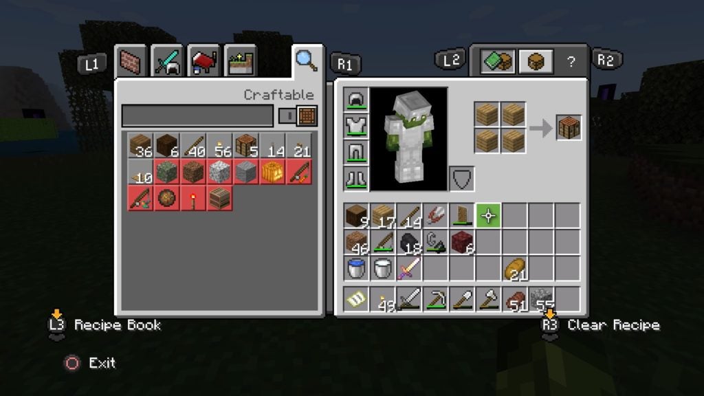 Making a crafting table by using 4 wood planks in the inventory crafting menu.