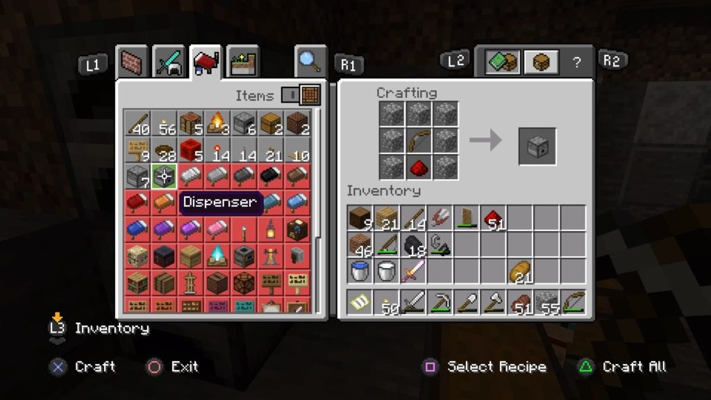 Making a dispenser by using 7 cobblestone blocks, 1 bow, and 1 redstone dust.