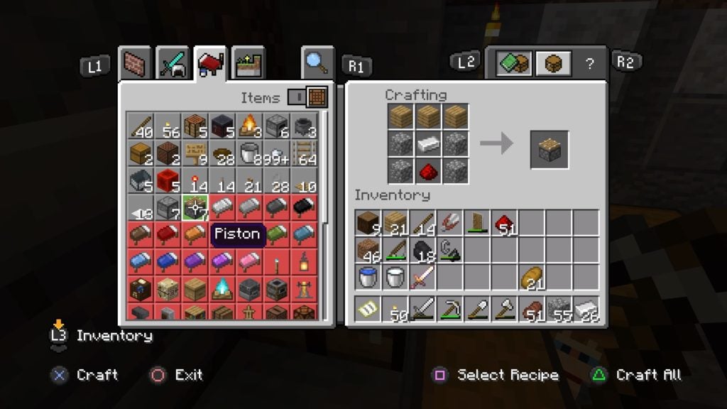 Making a piston from 3 wood planks, 4 cobblestone, 1 iron ingot, and 1 redstone dust.