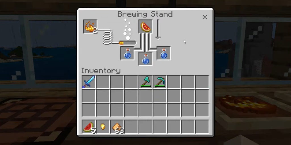 Using a glistening melon and 3 awkward potions to make 3 potions of healing at a brewing stand.