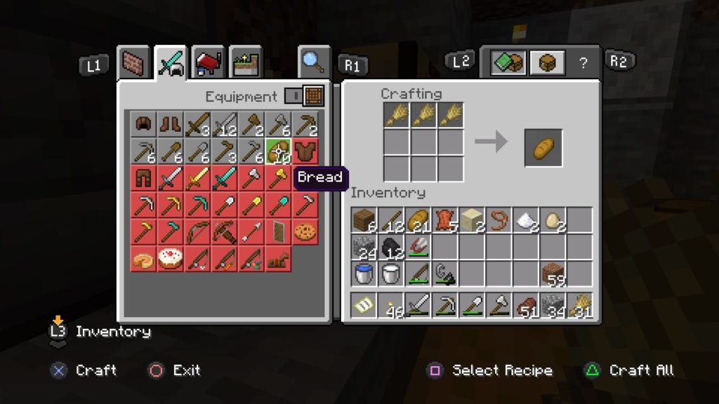 Making bread with 3 wheat on a crafting table.