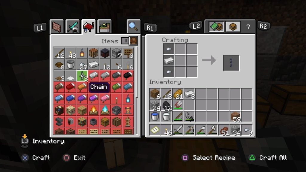 Using 1 iron ingot and 2 iron nuggets to make a chain.