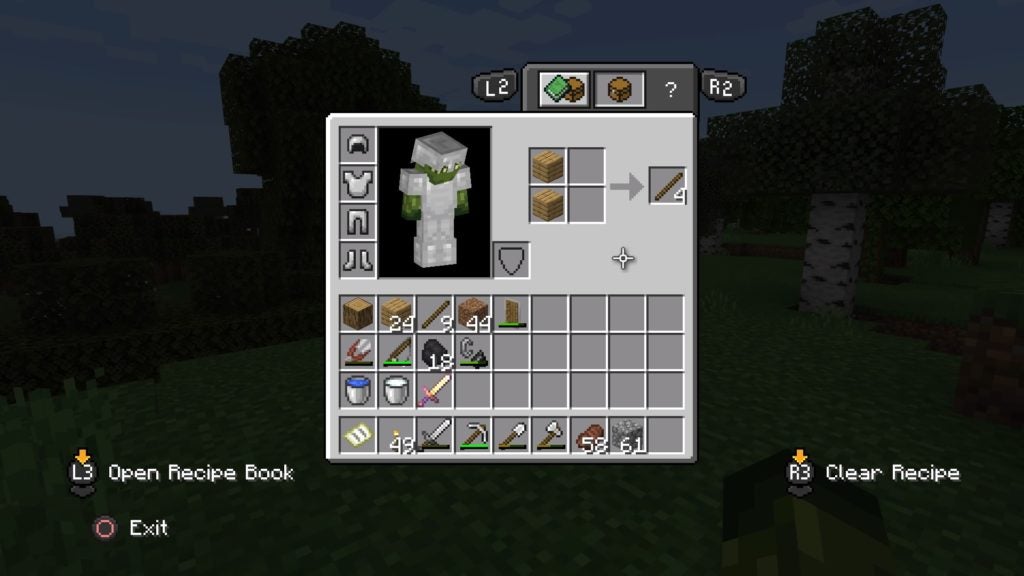 Making sticks from wood planks in the inventory crafting menu, which is 2 by 2 in shape.