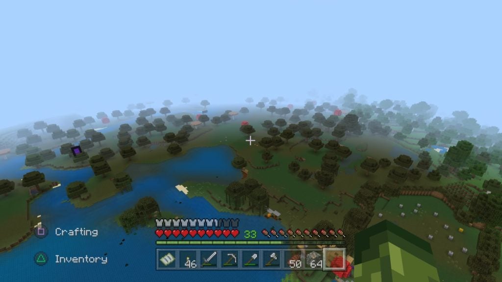 An elevated view of a swamp biome's chunks. There are many trees over dark green grass and some dark blue water.