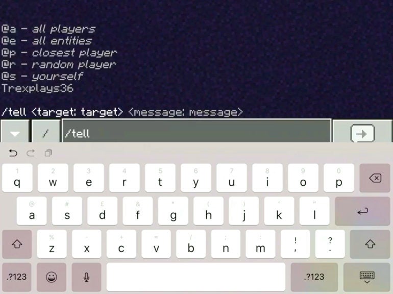 Typing "/tell" into the chat to begin sending a whisper to another player.
