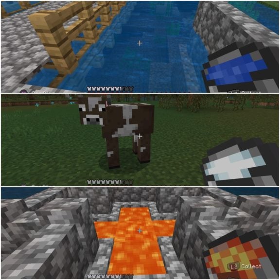 Top image is the player scooping up water with a bucket, the middle image is them milking a cow with a bucket, and the bottom image is them scooping up lava with a bucket.
