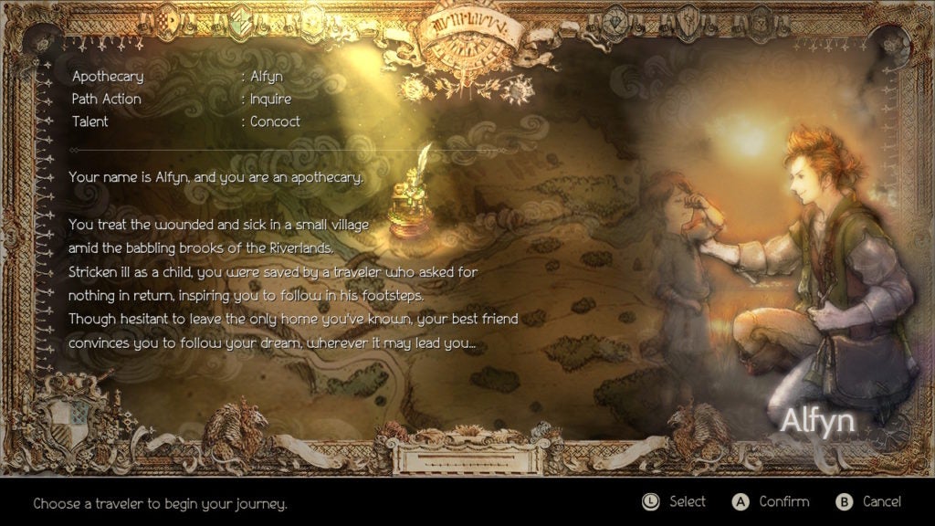 Alfyn's character introduction screen.