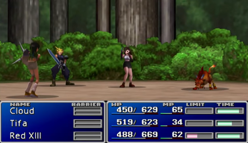 Fighting Yuffie in a forest on the world map.