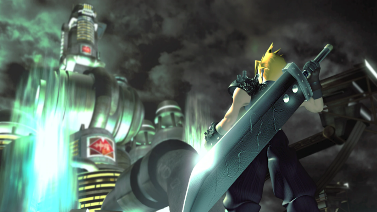 Cloud standing in front of a reactor in Final Fantasy VII.