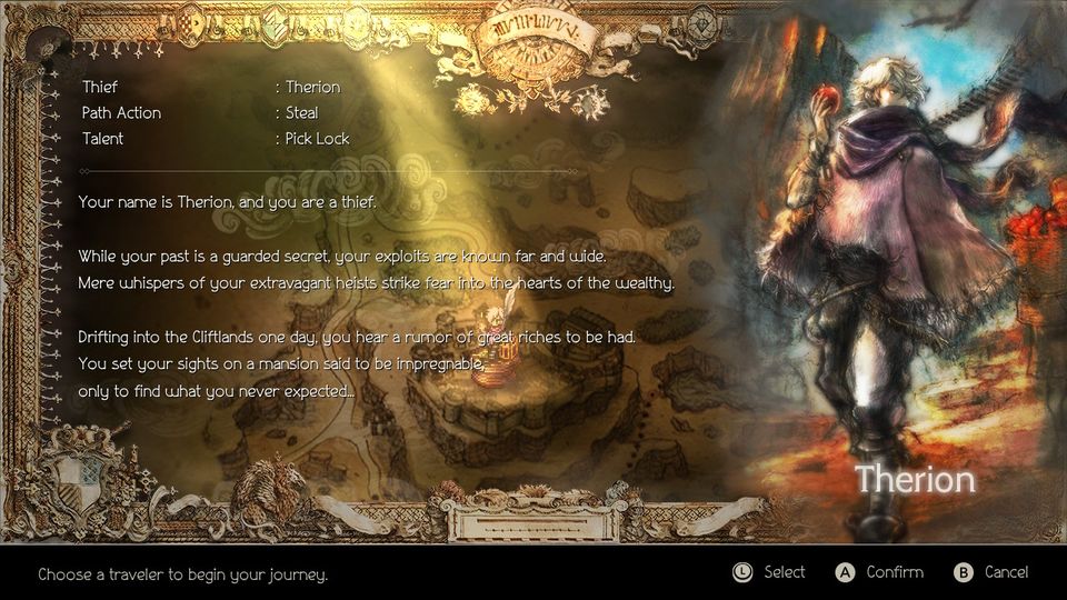 Therion's character introduction screen.