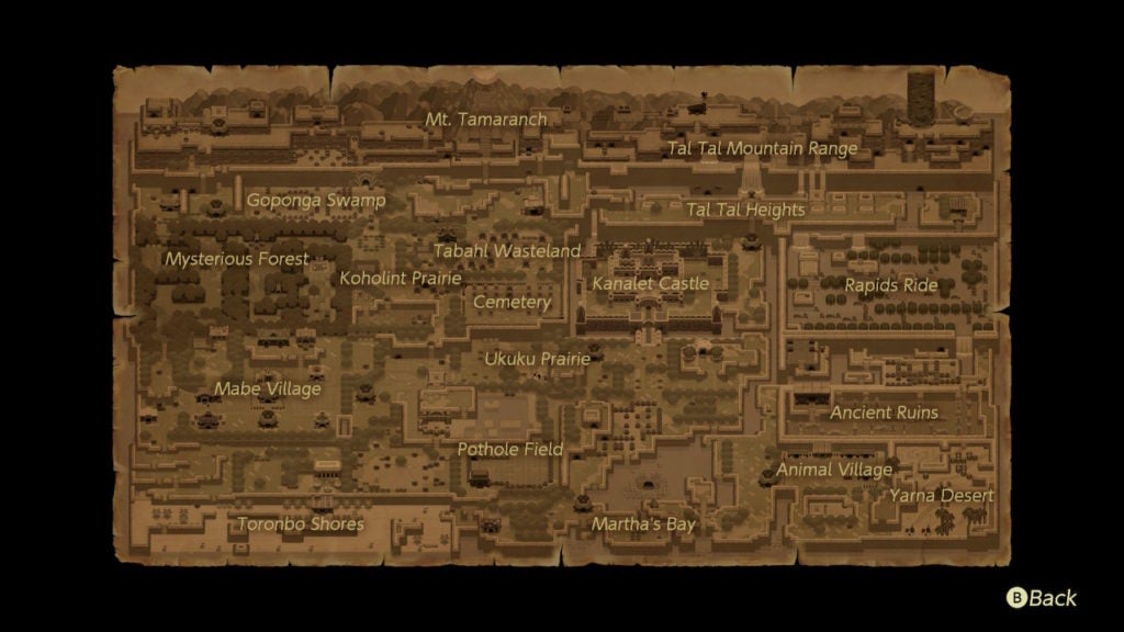 A sepia tone map that shows every area in the game with their names.