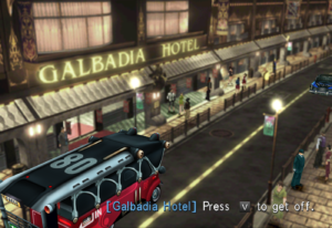 The bus with the party on it approaches the Galbadia Hotel in Deling City.