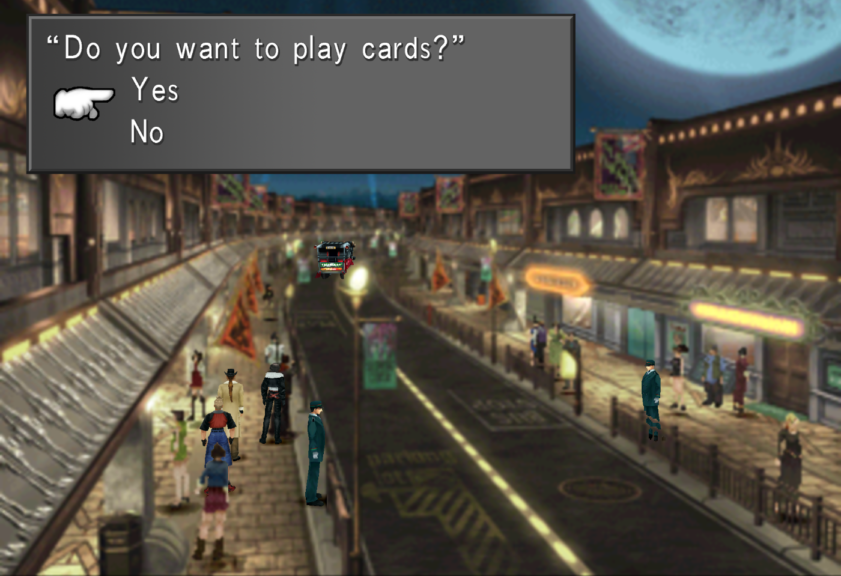 Squall challenges the person carrying the Kiros Card in the shopping arcade in Deling City.