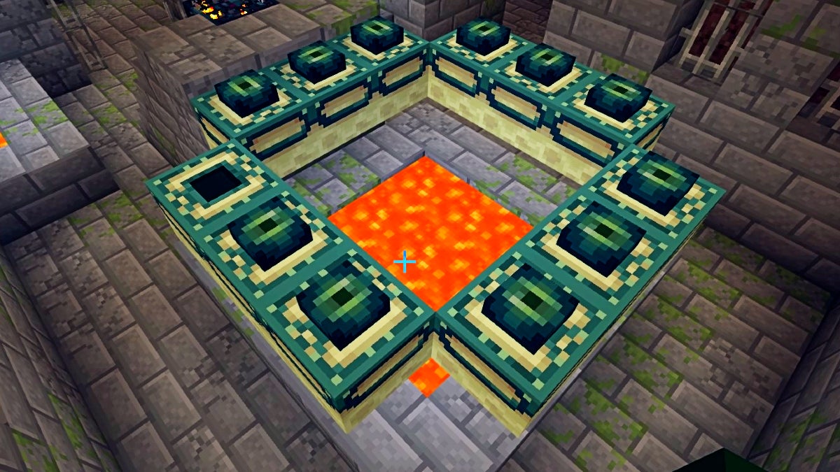 An end portal with most of its open slots filled with eyes of ender. There is lava below the end portal.