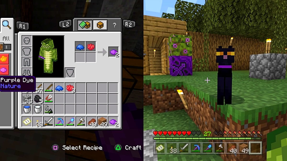 The left image is the player making purple dye with red and blue dye while the right image is a black cat with a purple collar sitting near a small wood house.