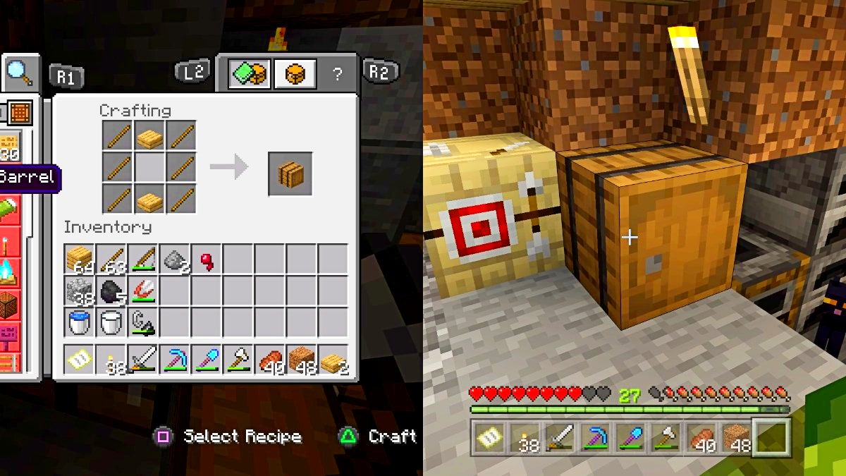 The left image is the player making a barrel and the right image is a barrel placed next to a fletching table.
