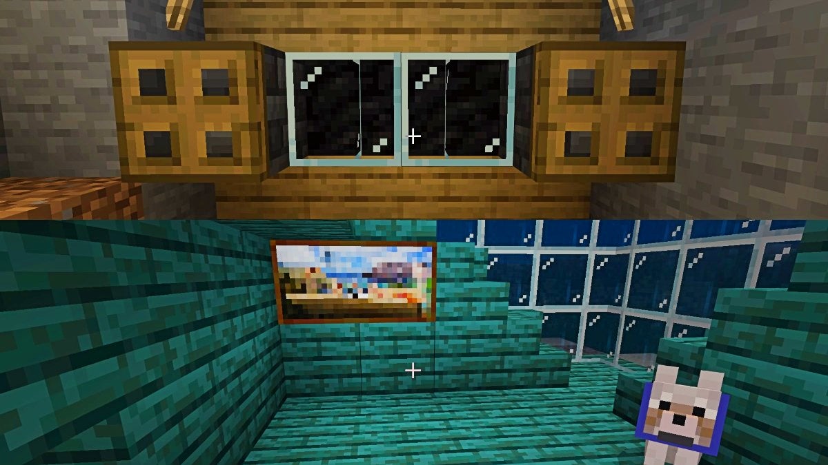 Top image is a basic TV made from coal blocks and glass panes while the bottom image is an illuminated painting that is surrounded by green wood.