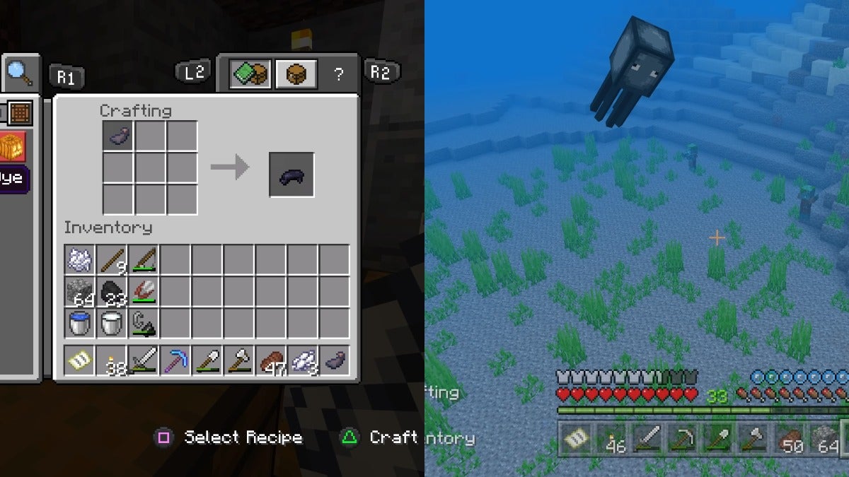 The left image is the player making black dye from ink sacs and the right image is a squid swimming underwater.