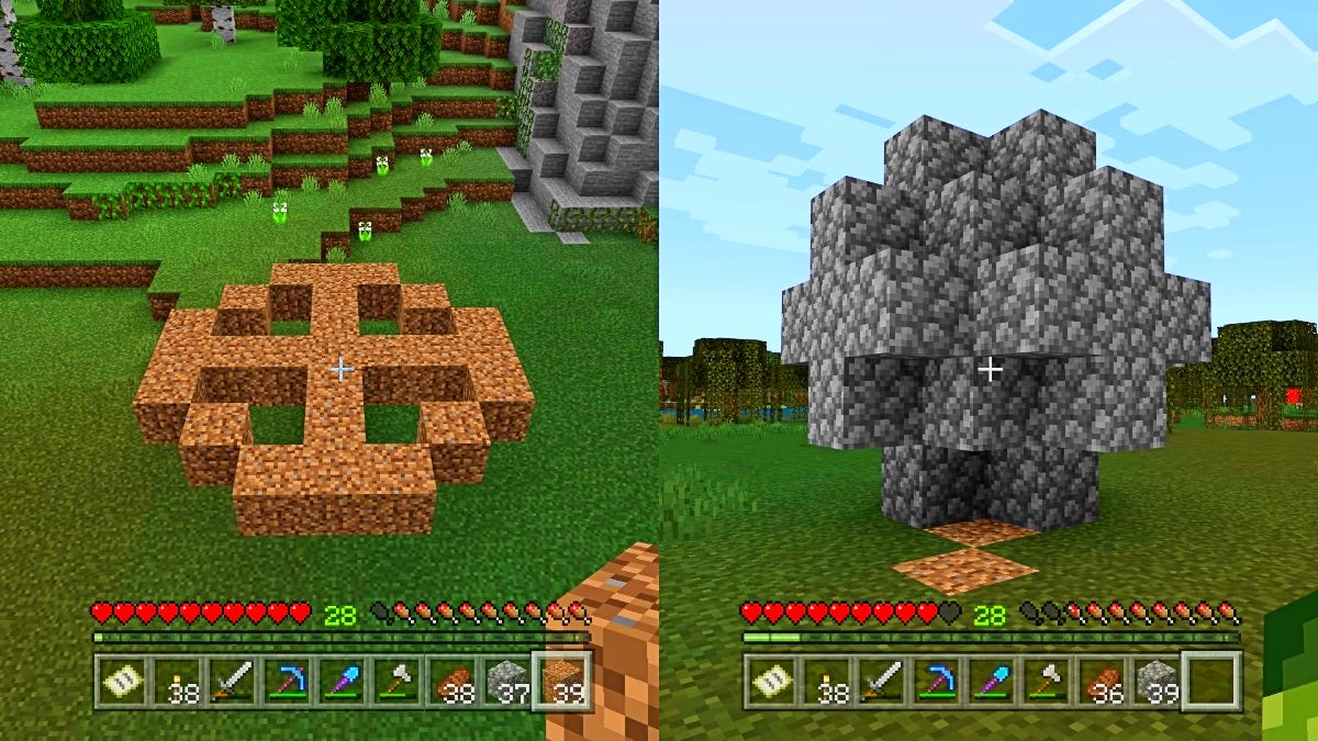 The left image is a simple circle made of dirt and the right is a basic sphere made of cobblestone.