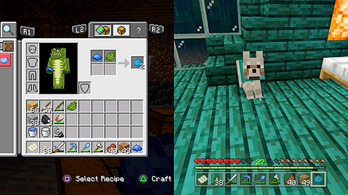 The left image is a player making cyan dye and the right image is a tamed wolf with a cyan collar sitting in a room of green wood.