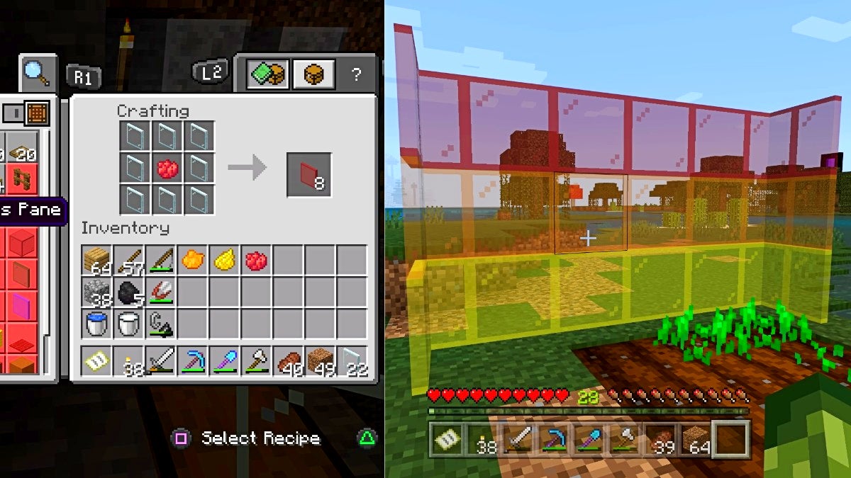 On the left, the player is making red stained glass panes and on the right, their is a stained glass pane wall that is red, orange, and yellow.