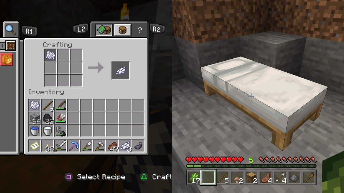 The left image is the player making white dye on a crafting table with bonemeal and the right image is a white bed.
