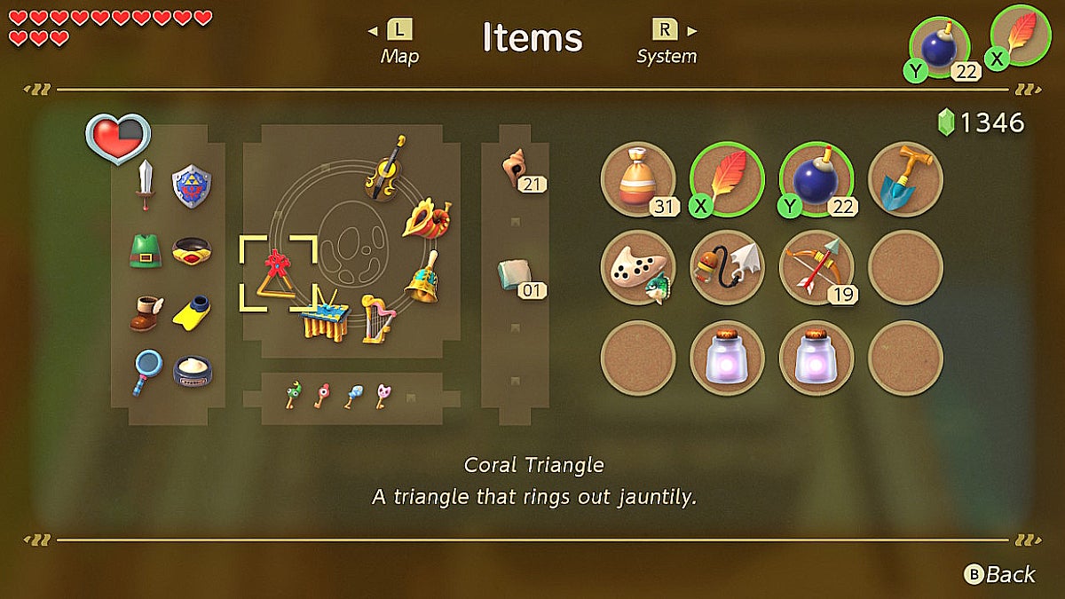 The items menu full of many different kinds of items. The cursor is resting on the coral triangle.