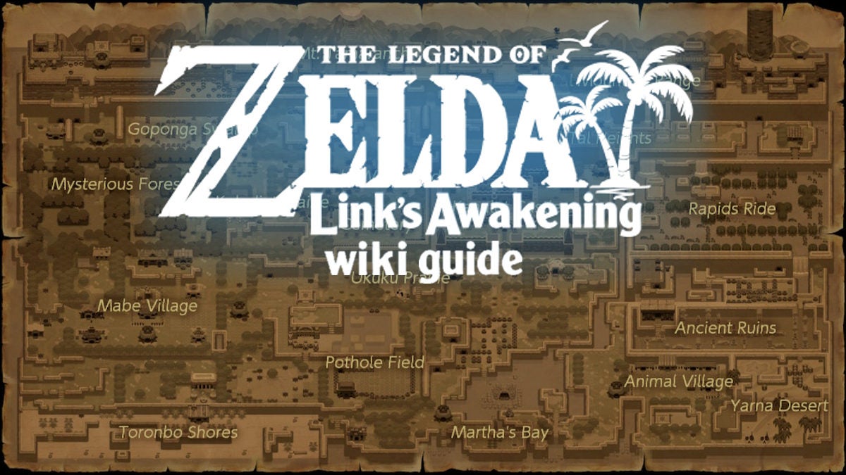 The logo for the Nintendo Switch version of Link's Awakening with the words "wiki guide" below it overtop a sepia colored version of the Koholint Island map.