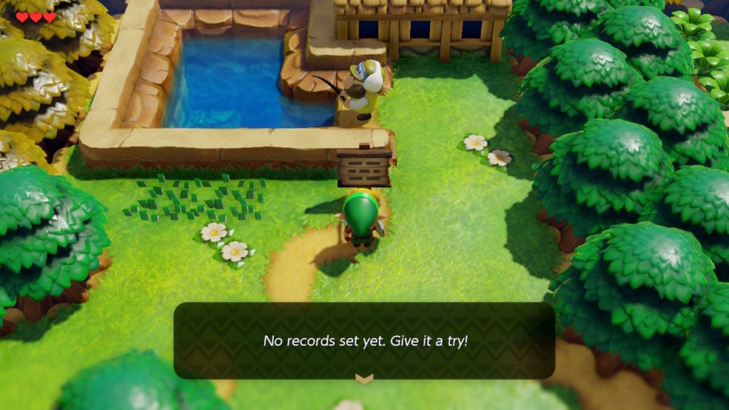 Link reading the sign in front of the fishing pond which tells him there have been no records set yet.