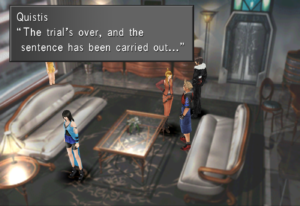 Quistis talking to the rest of the party in the reception area.