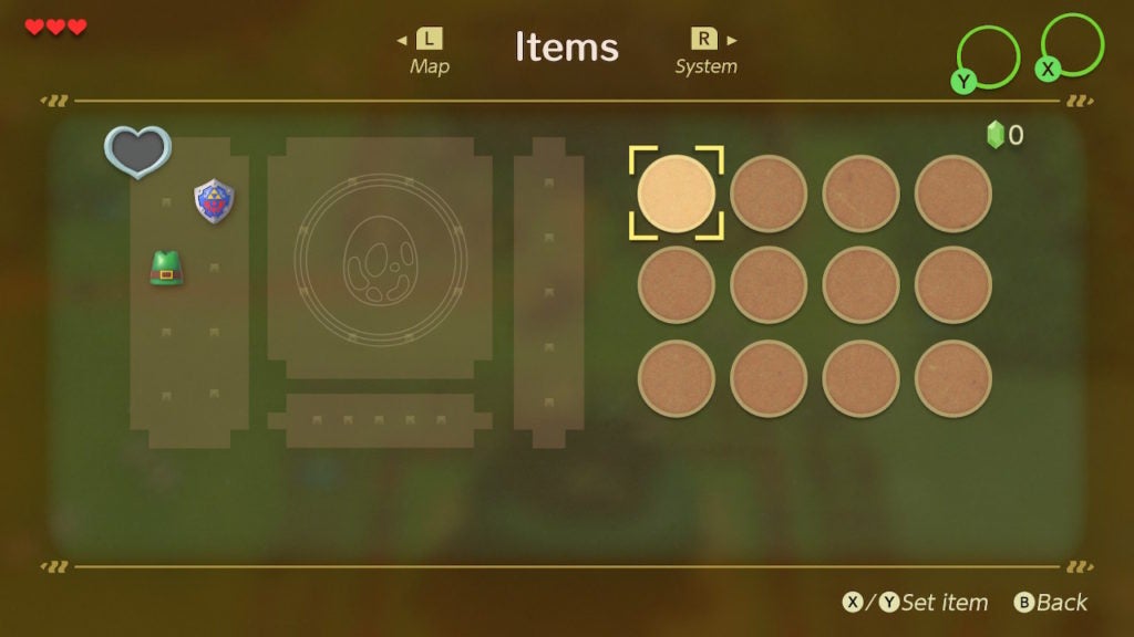 The items menu with almost no items.