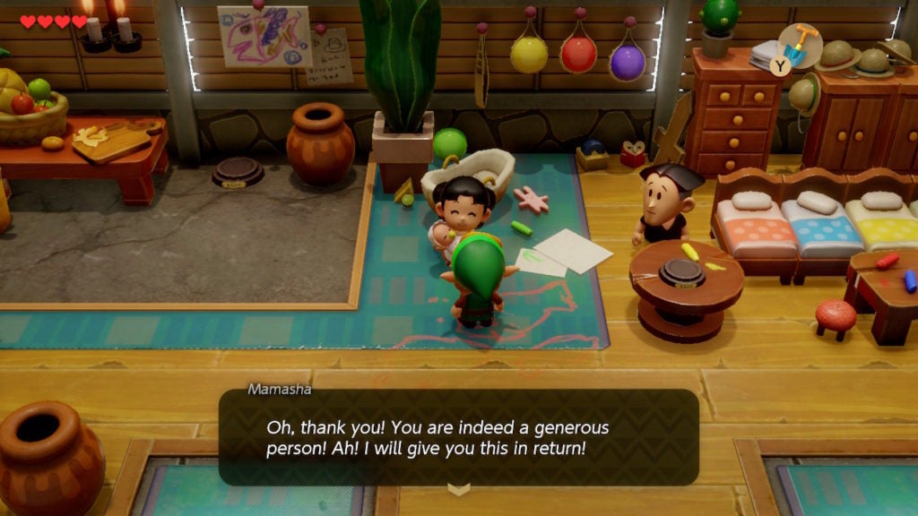Mamasha complimenting Link after he gives her a Yoshi Doll.