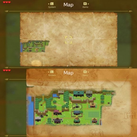 The top image is the map on wide zoom showing the whole island and the bottom image is the map on close zoom showing a detailed image of Mabe village.
