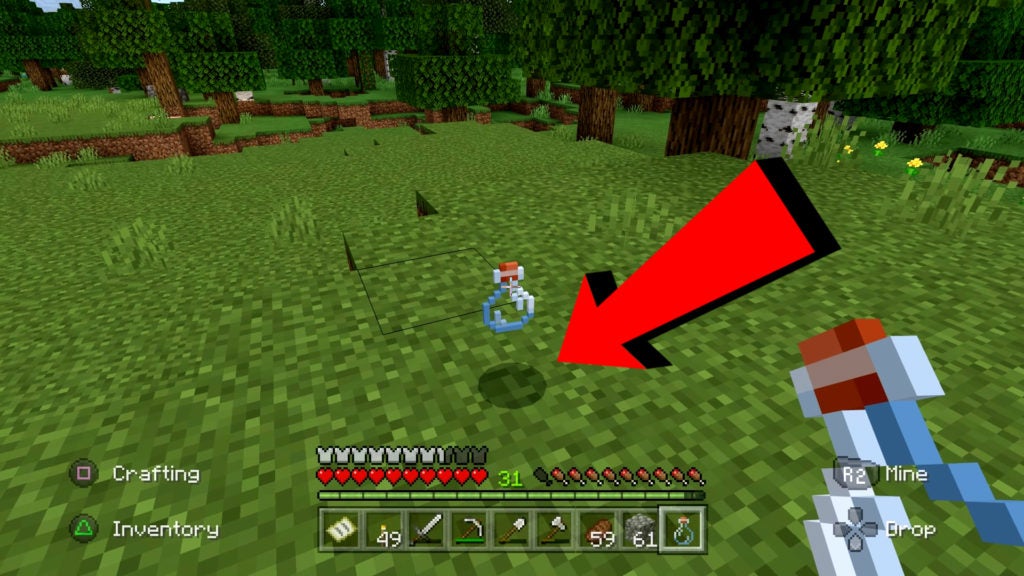 A red arrow pointing to the shadow beneath a floating item.