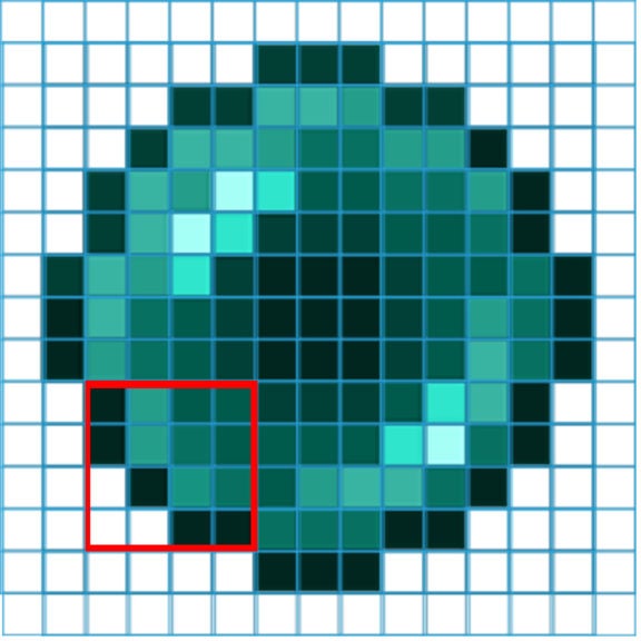 A grid showing how each pixel of an ender pearl is positioned. There is a red square around an important building section.