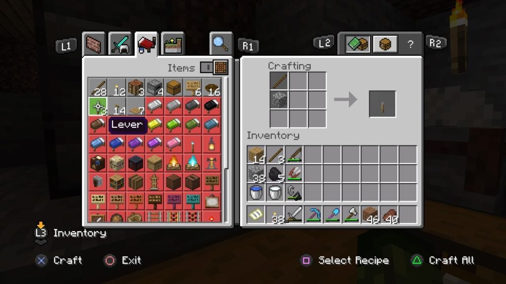 Making a lever with 1 stick and 1 cobblestone.
