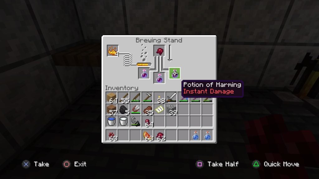 Making 3 Potions of harming with 1 fermented spider eye.
