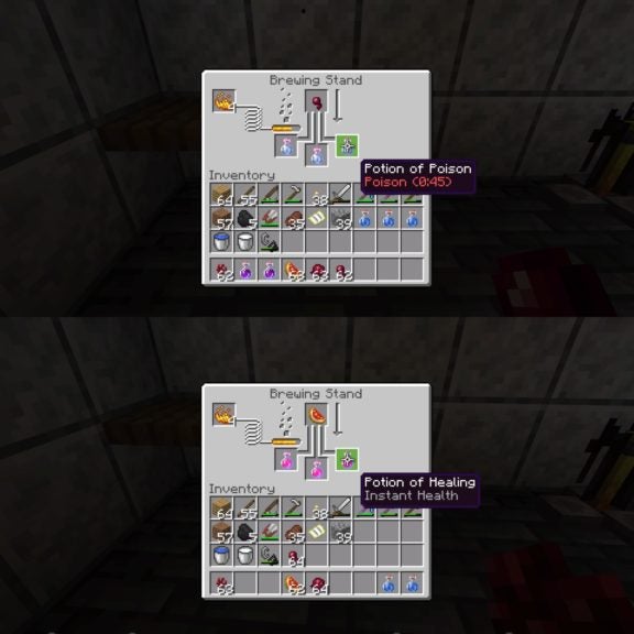 The top image is the player making 3 potions of healing with 1 glistening melon slice and the bottom image is the player making 3 potions of poison with 1 spider eye.