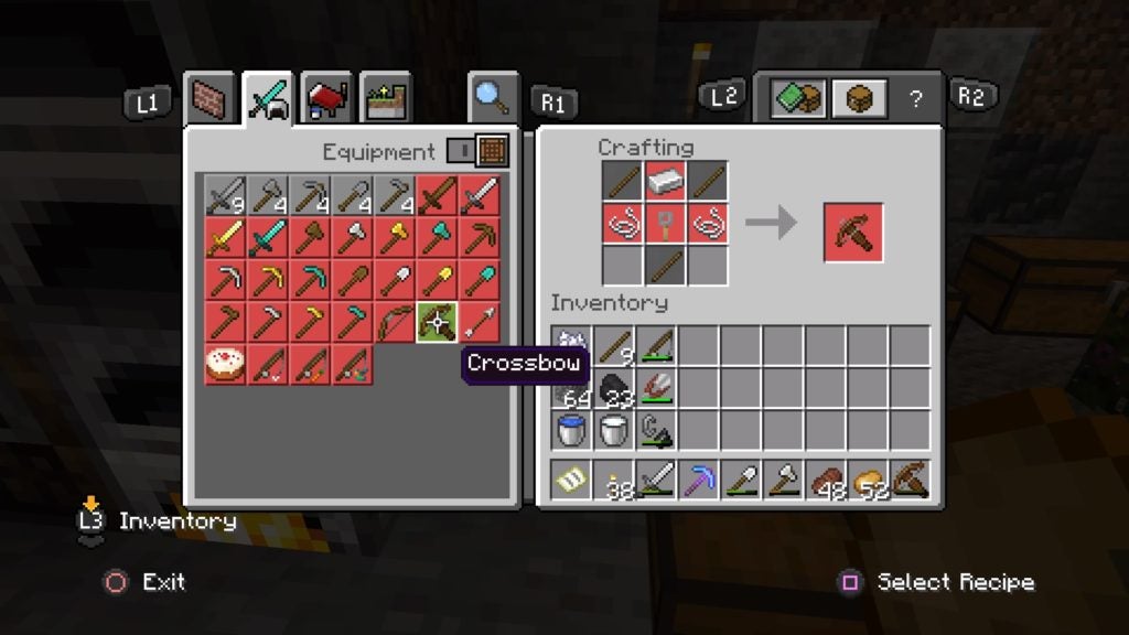 Looking at the crafting recipe for making a crossbow, which needs 3 sticks, 2 string, 1 iron ingot, and 1 tripwire.