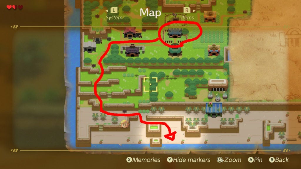 A red arrow on the map staring from Marin's house in Mabe Village leading to the spot on Toronbo Shores where the sword is located.