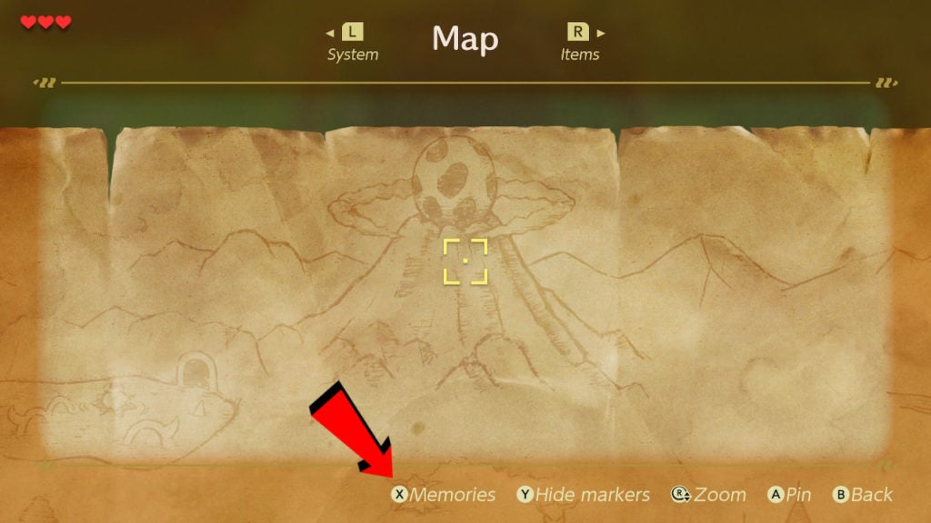 On the map menu, there are options on the bottom right, one of which is for memories. There is a red arrow pointing to the memories prompt.