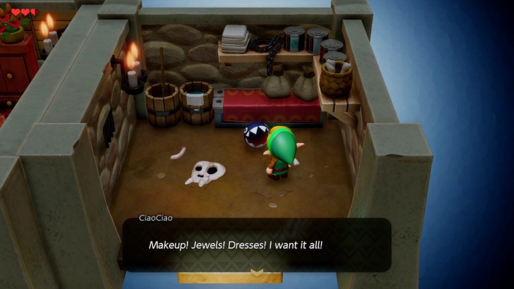 Link talking with the small chain chomp CiaoCiao, who says they like makeup and jewels.