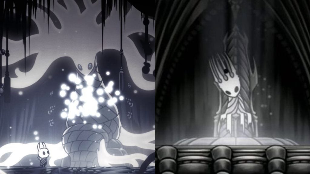 The White Lady and the Pale King from Hollow Knight.