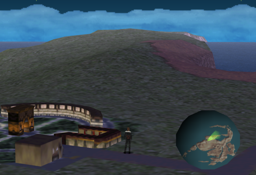Squall standing at the entrance of Deling city, facing the peninsula that ends with the Tomb of the Unknown King.