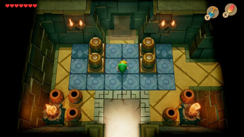 Link throwing a pot at a door with a pot symbol to open it.