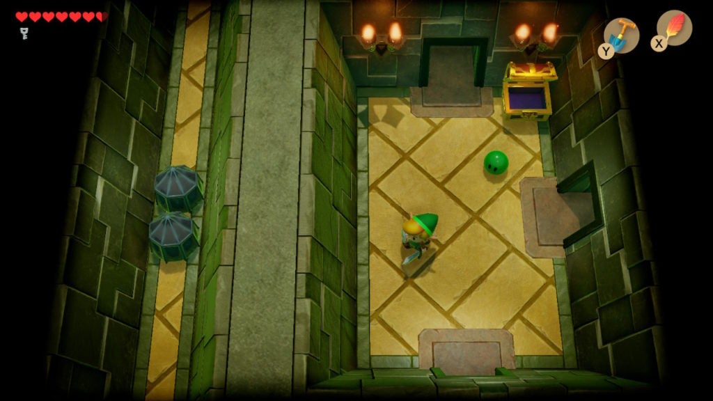 A Green Gel ambushing Link by jumping out of a chest. The Green Gel has been waiting for this moment for its entire life.