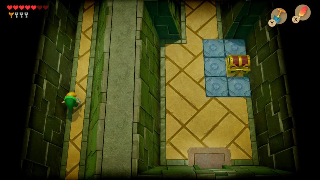 A chest in the eastern part of the room surrounded by blue tiles. Link is in the secluded western corridor.