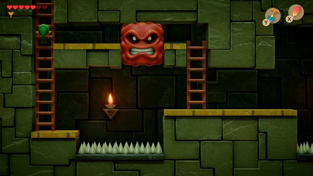 Link climbing down a ladder on the west in a passage with a Mega Thwomp.