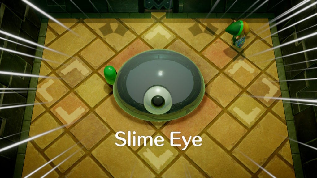 Slime Eye, the boss that's a blob with a singular eye, in their boss room with their name text appearing.