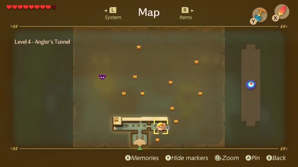 View of the map of Level 4 - Angler's Tunnel showing all chests and boss room but not showing the unexplored rooms.
